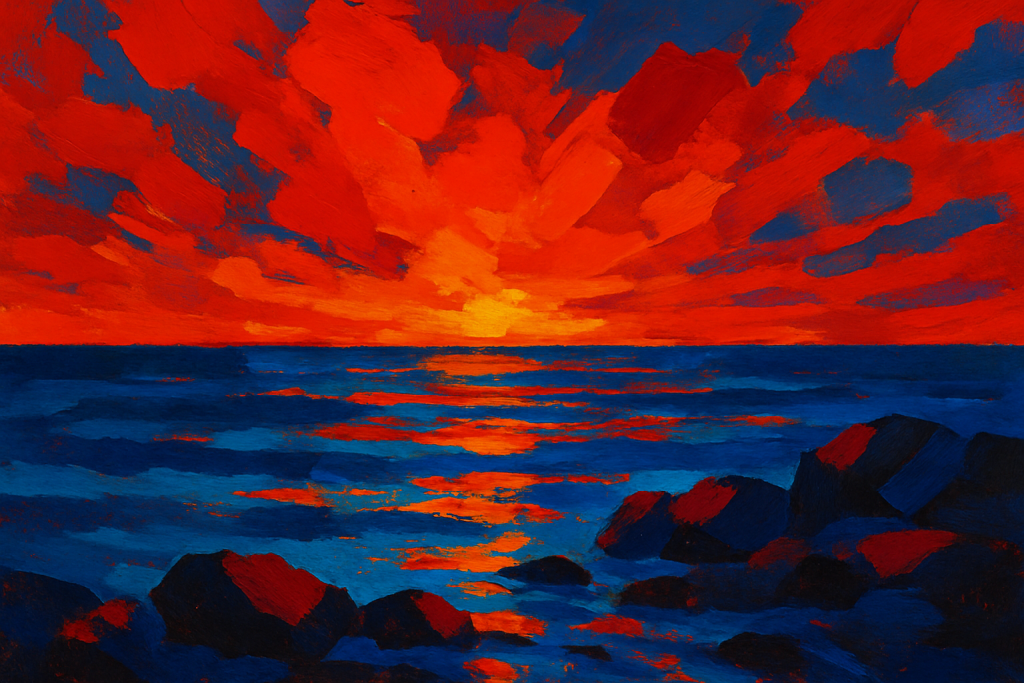A abstract painting with bold red and blue shapes