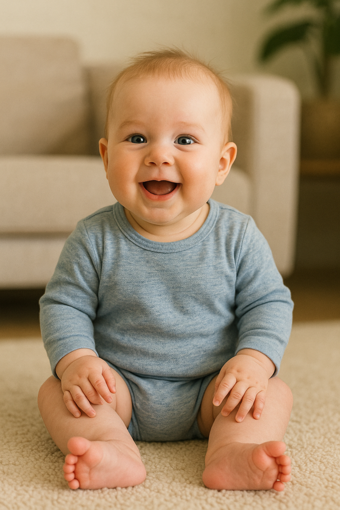 A baby sits there and laughs