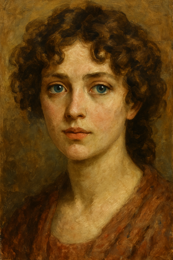 A close-up portrait of a woman, painted in an oil painting style. She has curly hair and blue eyes.