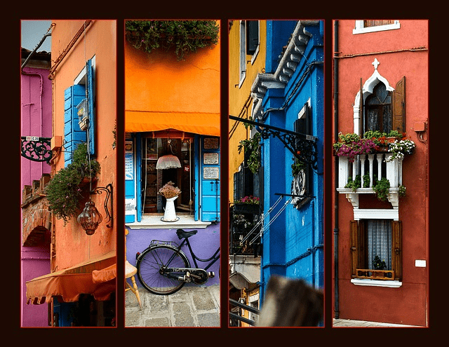A collage of urban architecture, with photo fragments arranged in vertical panels on a textured background