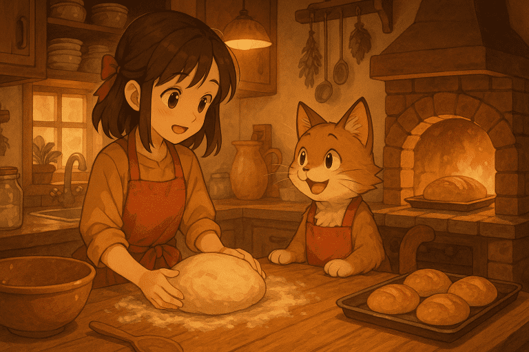 A cosy kitchen scene with a young girl and a talking cat baking bread, warm tones, highly detailed, in the style of a heartwarming anime movie