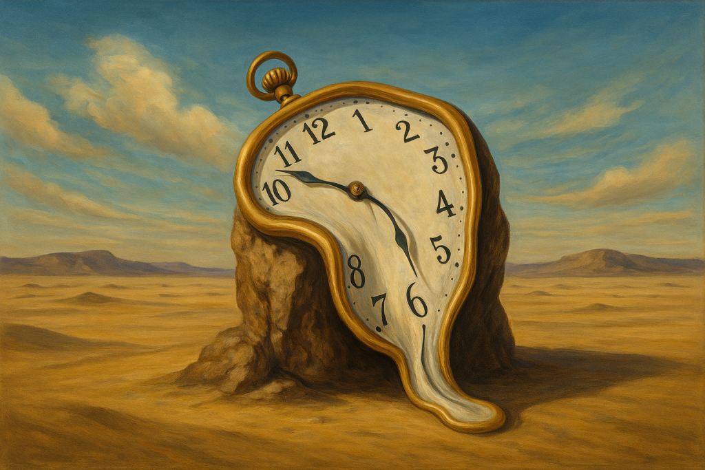 A desert with a gigantic clock melting over a rock, inspired by surrealism