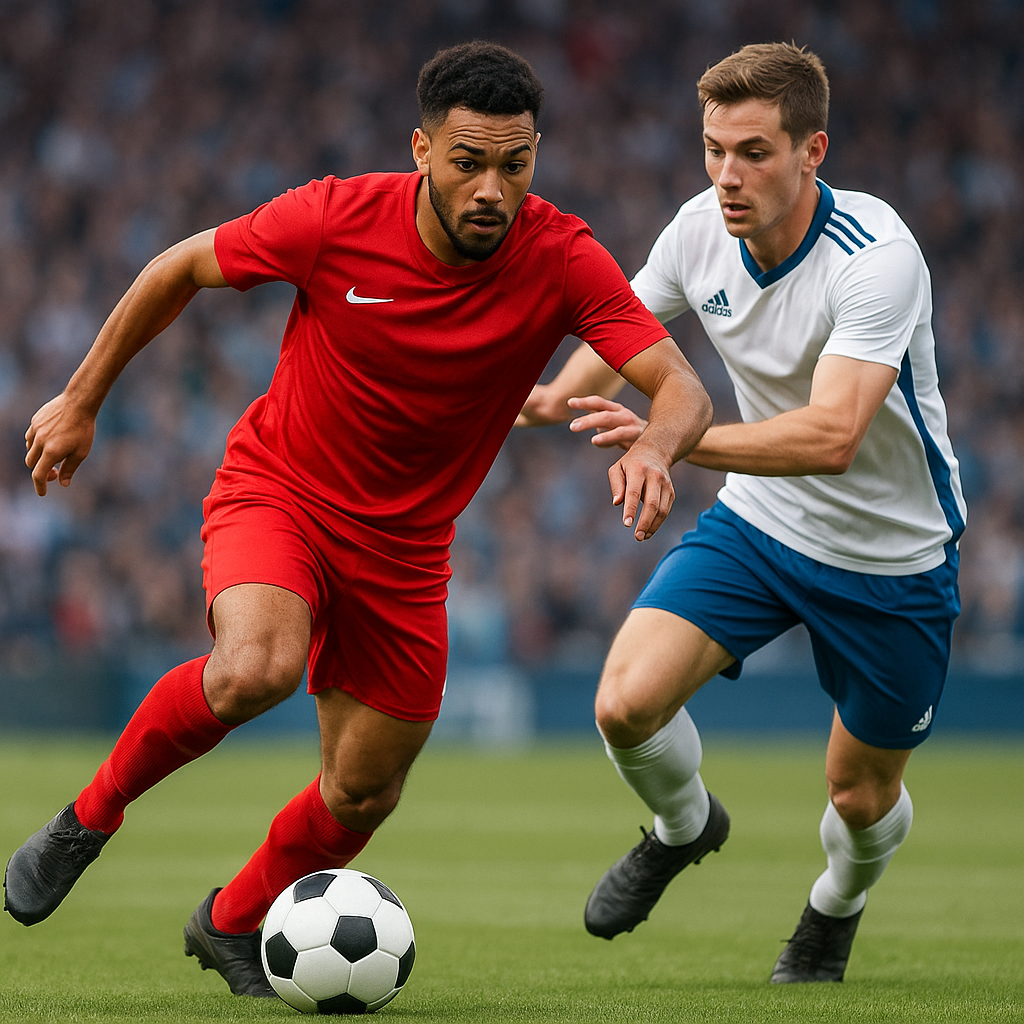 A football player dribbling past an opponent