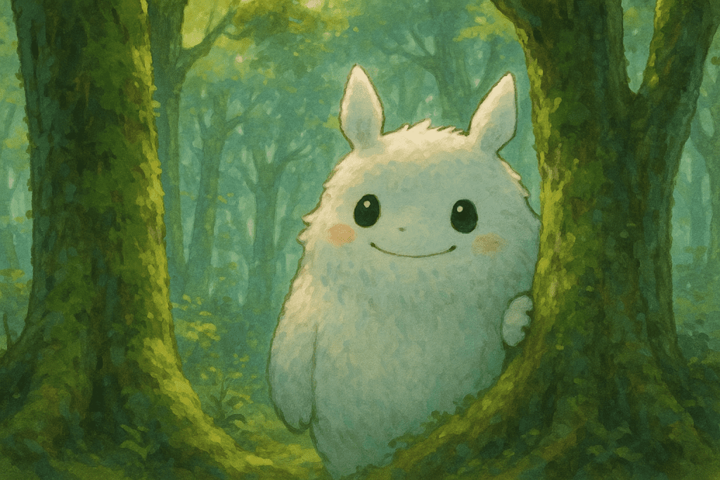A friendly forest spirit (big cute creature) peeking behind mossy trees in a mystical wood, soft lighting, painterly whimsical anime style