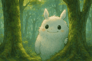 A friendly forest spirit (big cute creature) peeking behind mossy trees in a mystical wood, soft lighting, painterly whimsical anime style