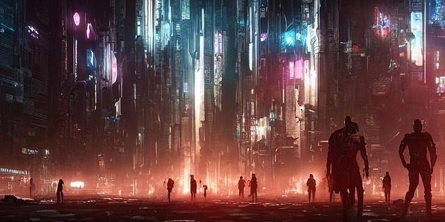 A futuristic cyberpunk city scene at night, with tall neon-lit buildings and silhouetted figures