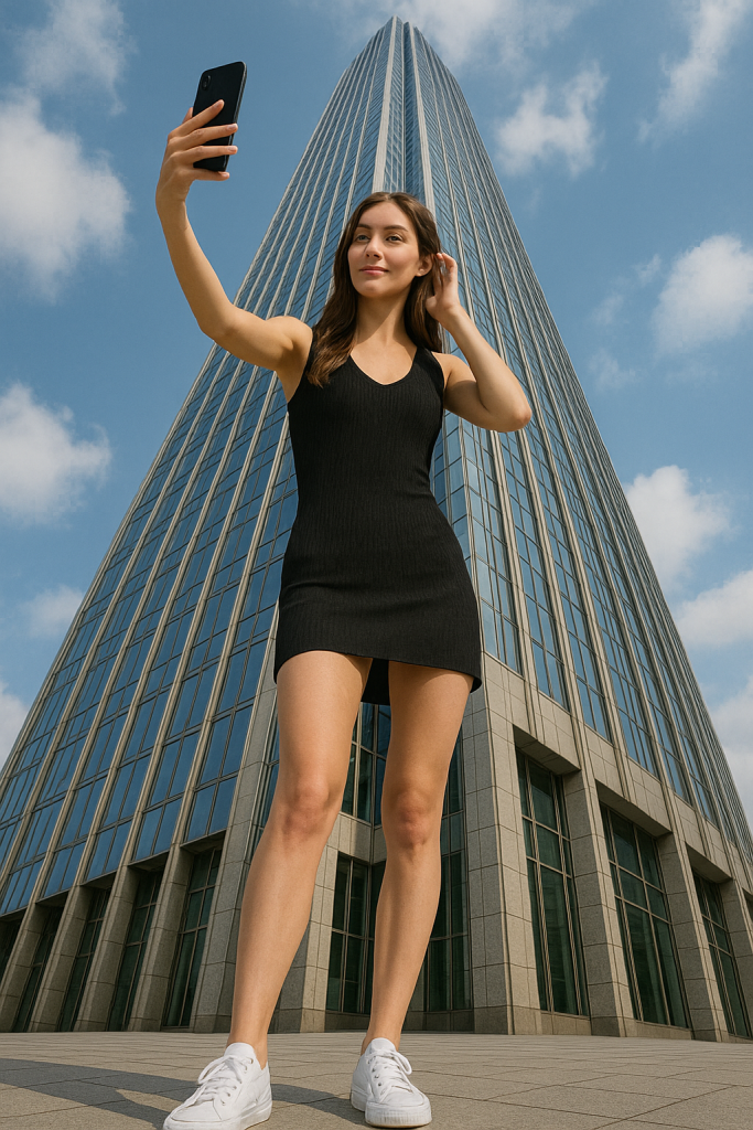A girl with long beautiful legs takes a selfie with a skyscraper under the skyscraper