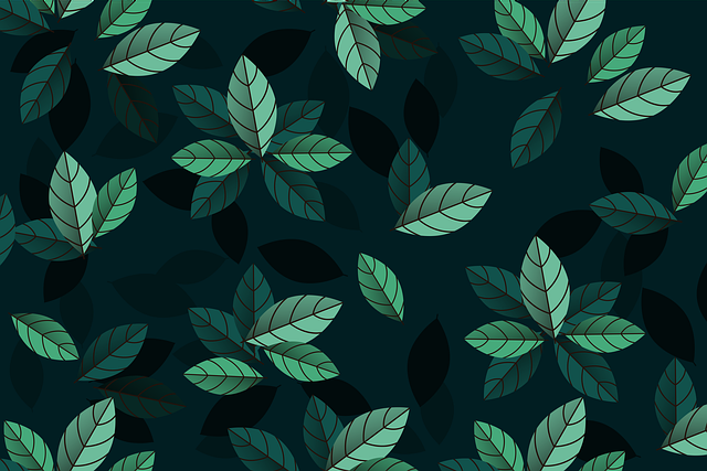 A minimalist flat graphic pattern of stylized green leaves on a dark background