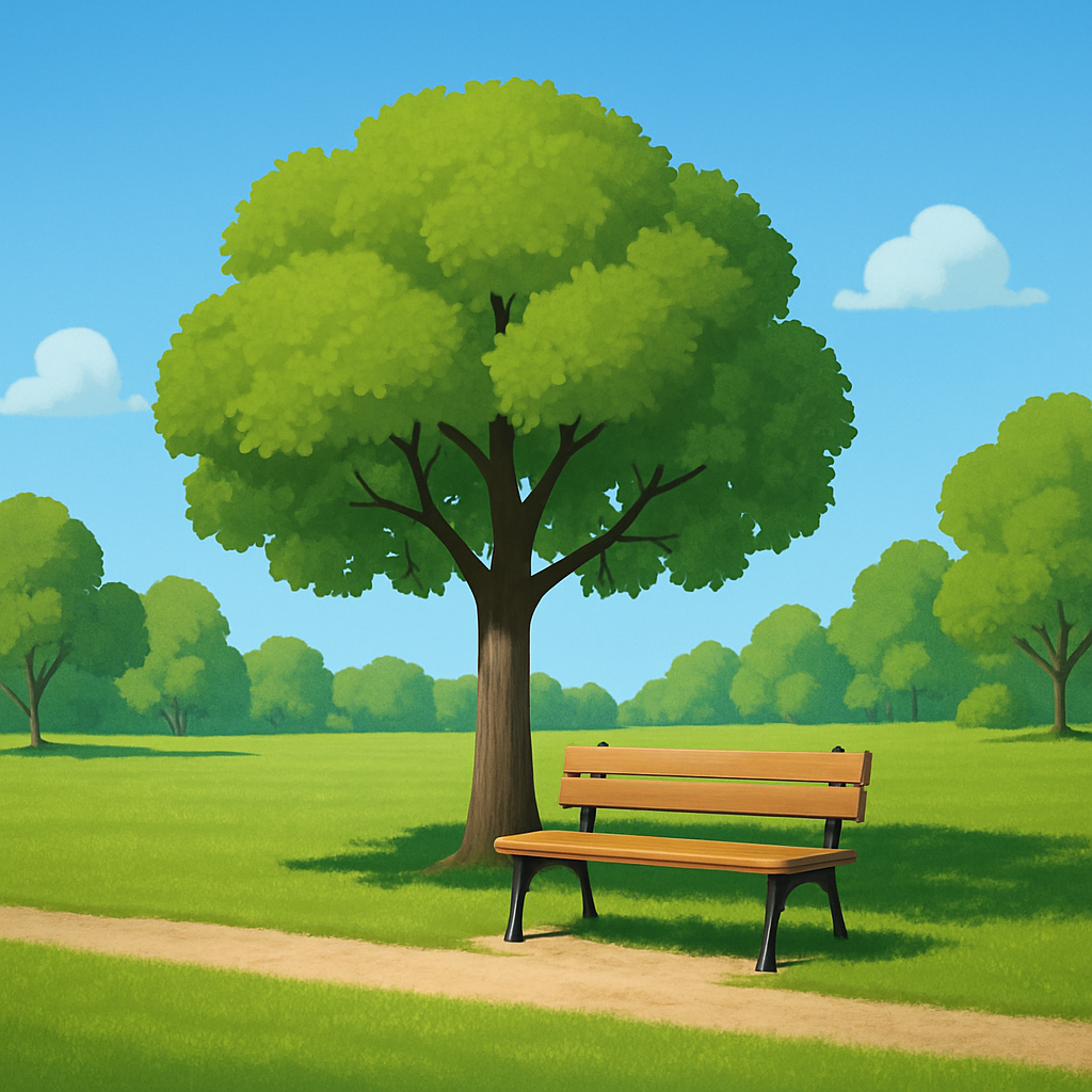 A park scene based on this minimalist flat illustration of a tree and bench