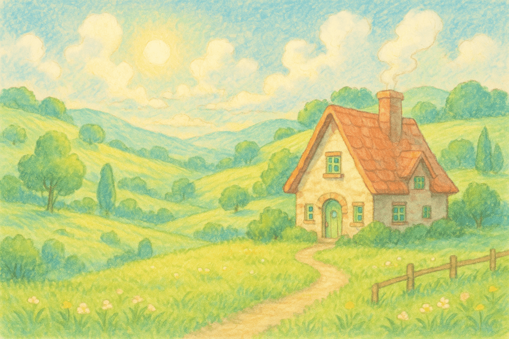 A peaceful countryside with a cottage and rolling green hills under a bright sky, gentle sunlight, hand-drawn pastel color illustration reminiscent, whimsical anime style