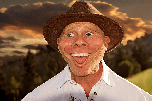 A photo of a man turned into a humorous cartoon caricature, with exaggerated smile and bright colors