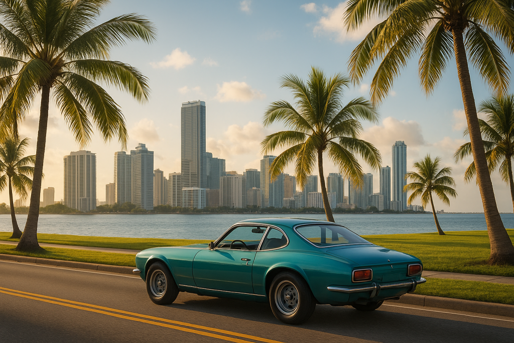 A photorealistic image blending elements of travel and nature from this collage cityscape, palm trees, a car