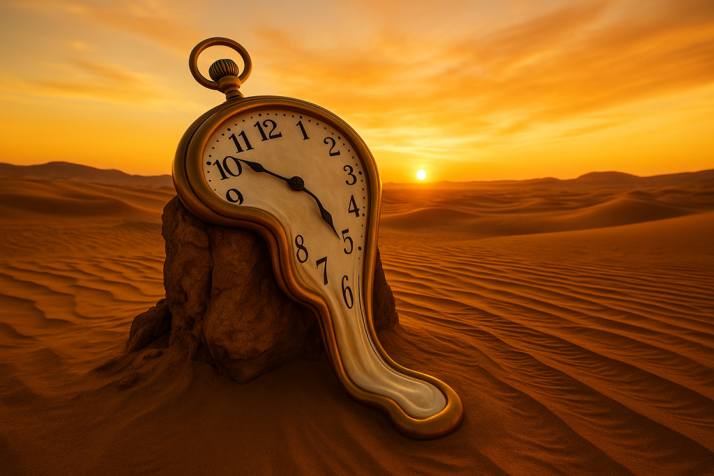 A photorealistic image of a desert with a gigantic clock melting over a rock, inspired by surrealism