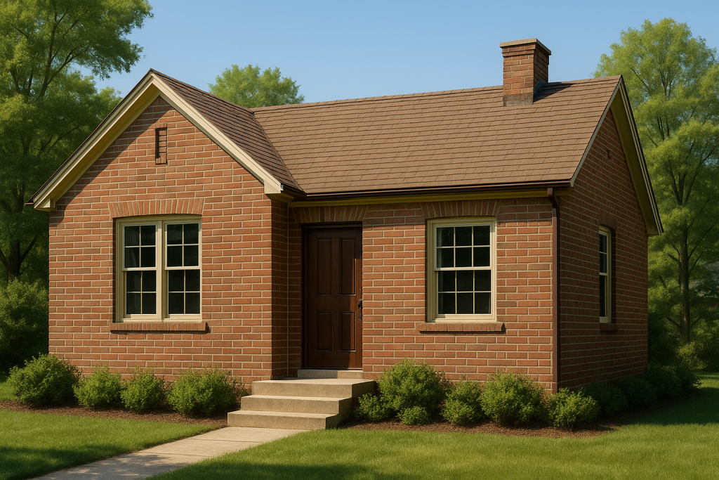 A photorealistic image of a house based on this black-and-white line drawing