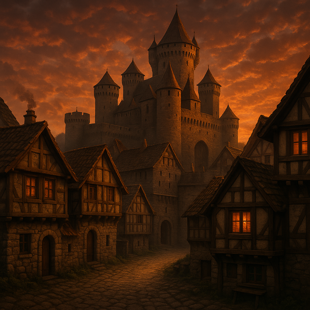 A photorealistic image of a medieval town, based on this pixel art reference