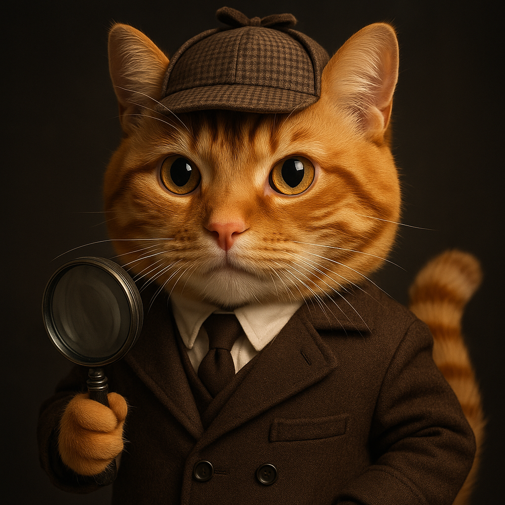 A photorealistic portrait of a cartoon orange tabby cat wearing detective clothes