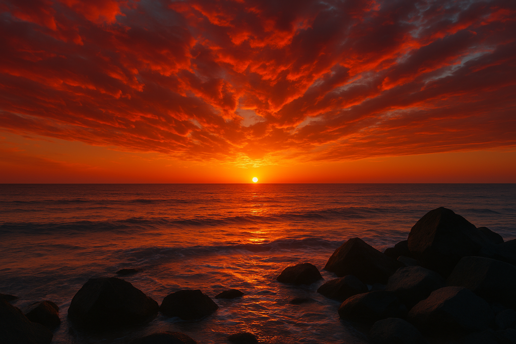 A photorealistic scene inspired by this abstract painting with bold red and blue shapes imagine it as a fiery sunset over the ocean