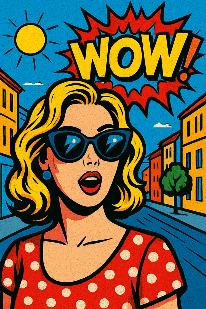 A pop art image of a woman with sunglasses and the word WOW in big letters