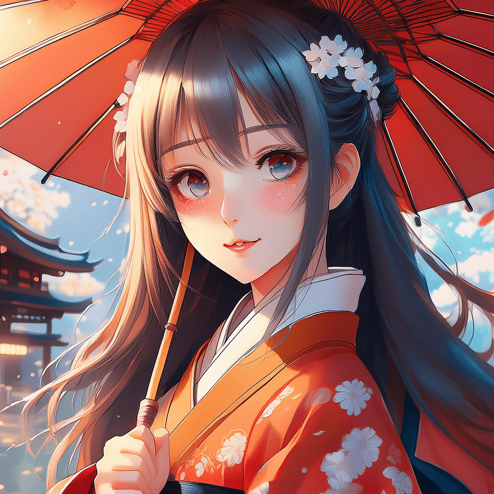 A portrait of a young woman reimagined in an anime style with glowing eyes, a parasol, and cherry blossoms