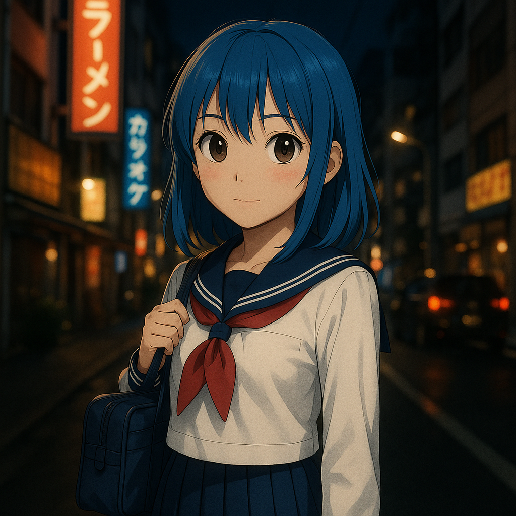 A realistic photo of an anime-style schoolgirl with blue hair and big brown eyes standing on a Tokyo street at night