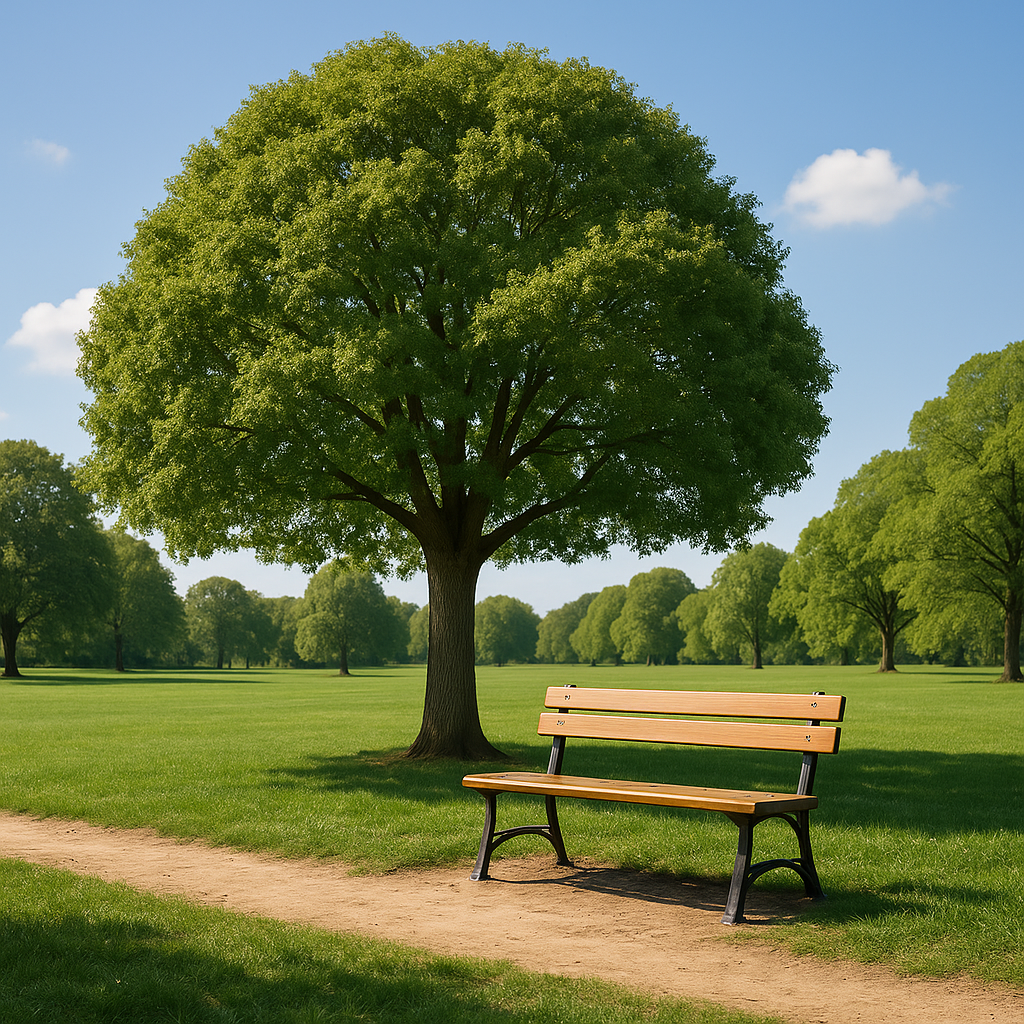 A realistic photograph of a park scene based on this minimalist flat illustration of a tree and bench