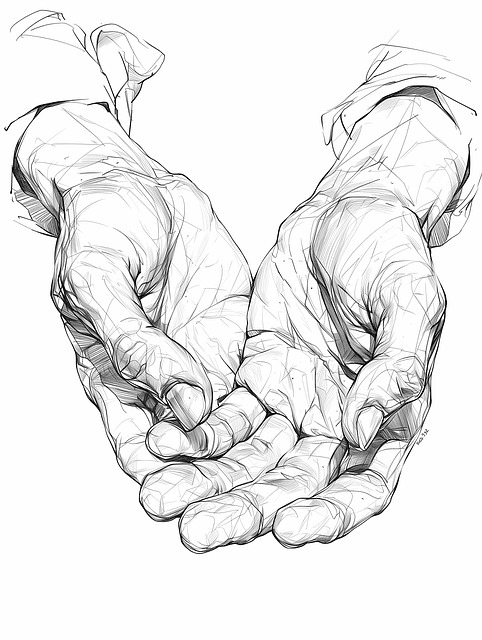 A stylized line-art illustration of two open hands, with precise black outlines on a white background