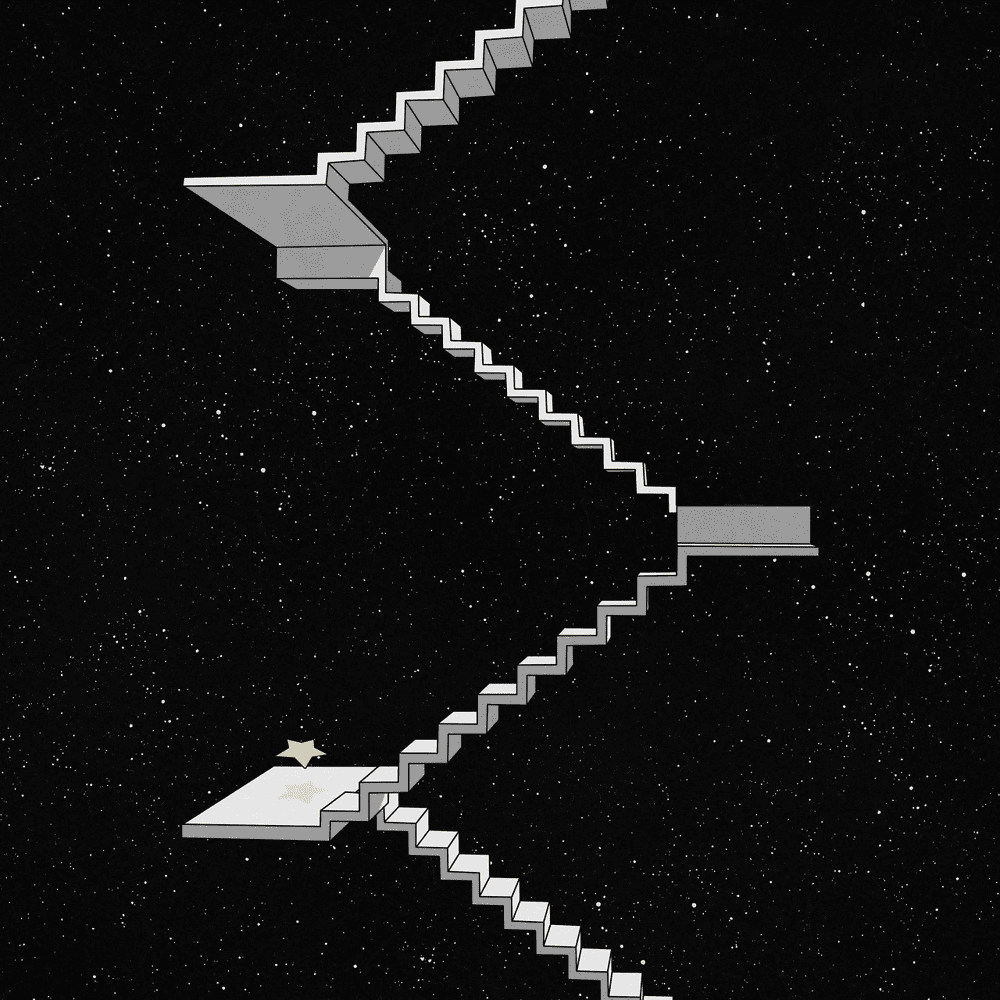 A surreal staircase floating in space, with steps and platforms leading nowhere. Prompt examples