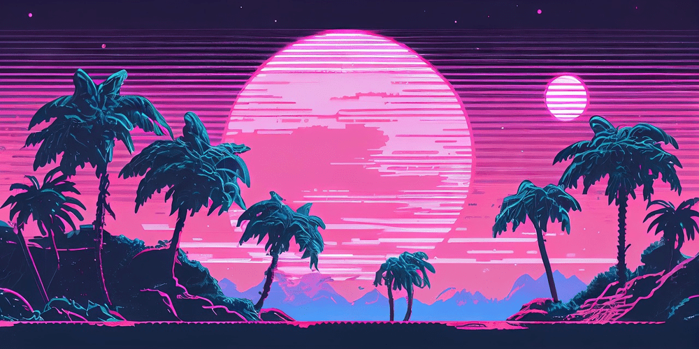 A vaporwave-style tropical scene with neon pink sun, silhouetted palm trees, and glowing pastel sky