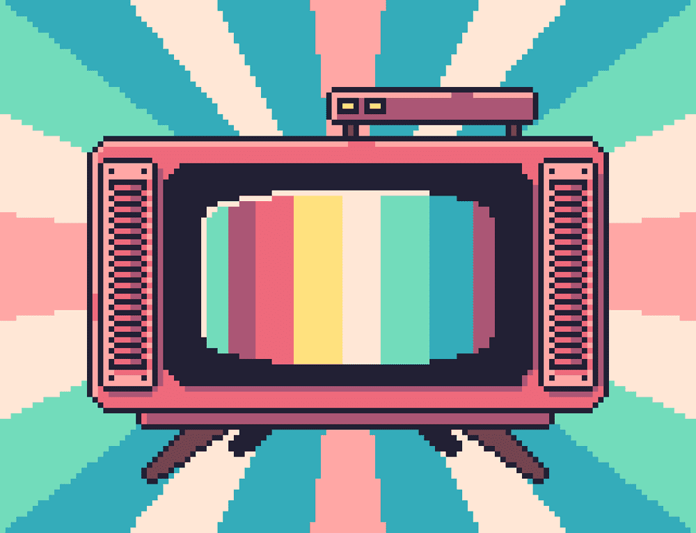 A vibrant pixel-art image of a vintage TV with multicolor bars on screen, set against a radiating pastel background