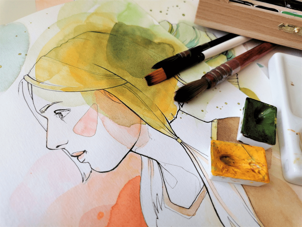 A watercolor painting style portrait of a woman, with soft washes of color and visible brush strokes