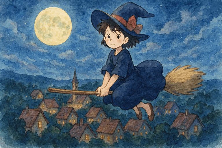 A young witch flying on a broom over a moonlit village, whimsical and magical, watercolor painting in a nostalgic anime style