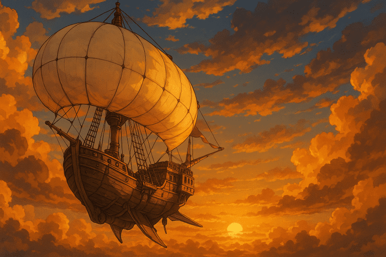 An adventurous airship sailing through golden clouds at sunset, detailed anime art style with warm lighting, evocative of Castle in the Sky