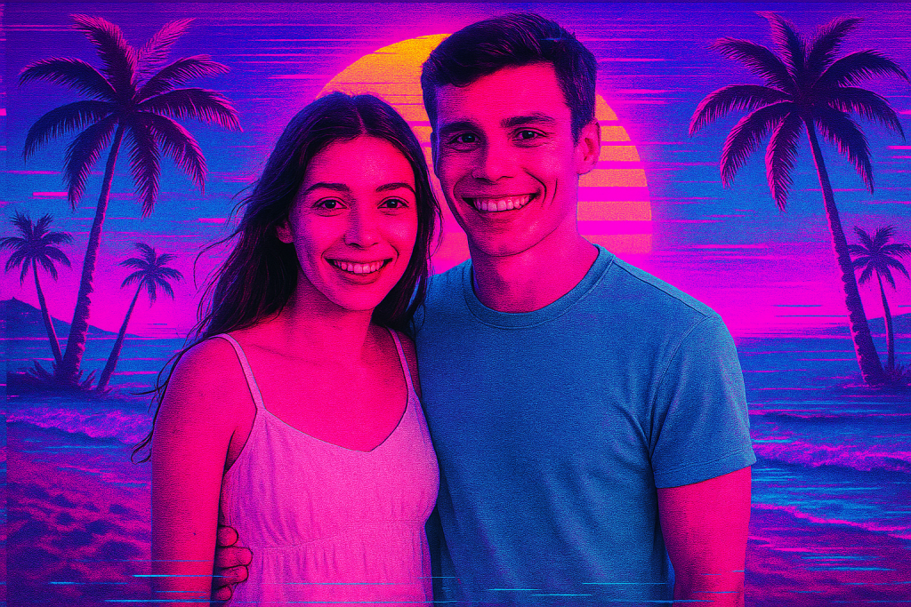 Apply a vaporwave aesthetic retro sunset, neon pink and teal palette, palm trees and glitch effects