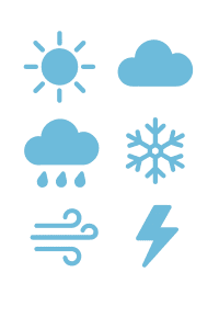 Cohesive 6-icon set for weather conditions sun, cloud, rain, snowflake, wind, lightning. Simple flat style, single color (sky blue)