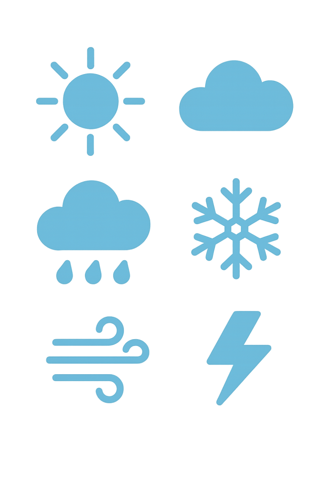 Cohesive 6-icon set for weather conditions sun, cloud, rain, snowflake, wind, lightning. Simple flat style, single color (sky blue)