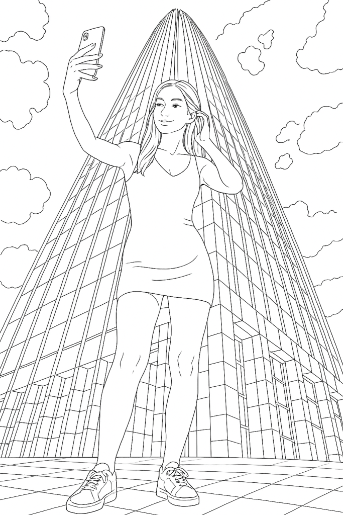 Convert the photo into black-and-white line art, with bold clean outlines and no color