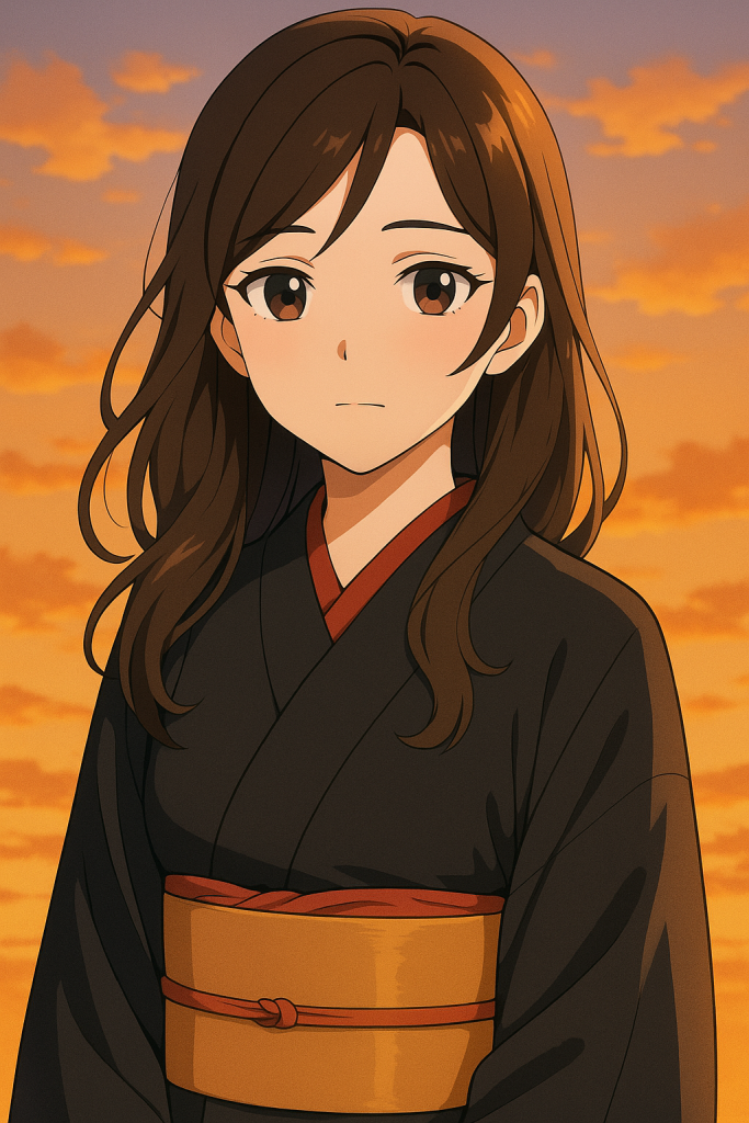 Convert this photo into an anime illustration of a Japanese girl in a kimono at sunset, with soft shading