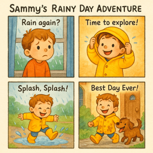 Create a 2×2 comic page titled 'Sammy’s Rainy Day Adventure'