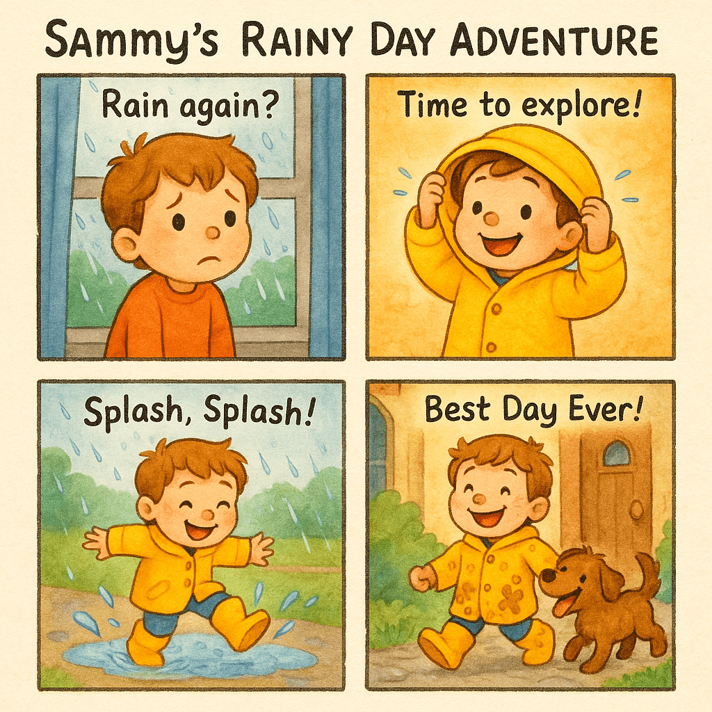 Create a 2×2 comic page titled 'Sammy’s Rainy Day Adventure'