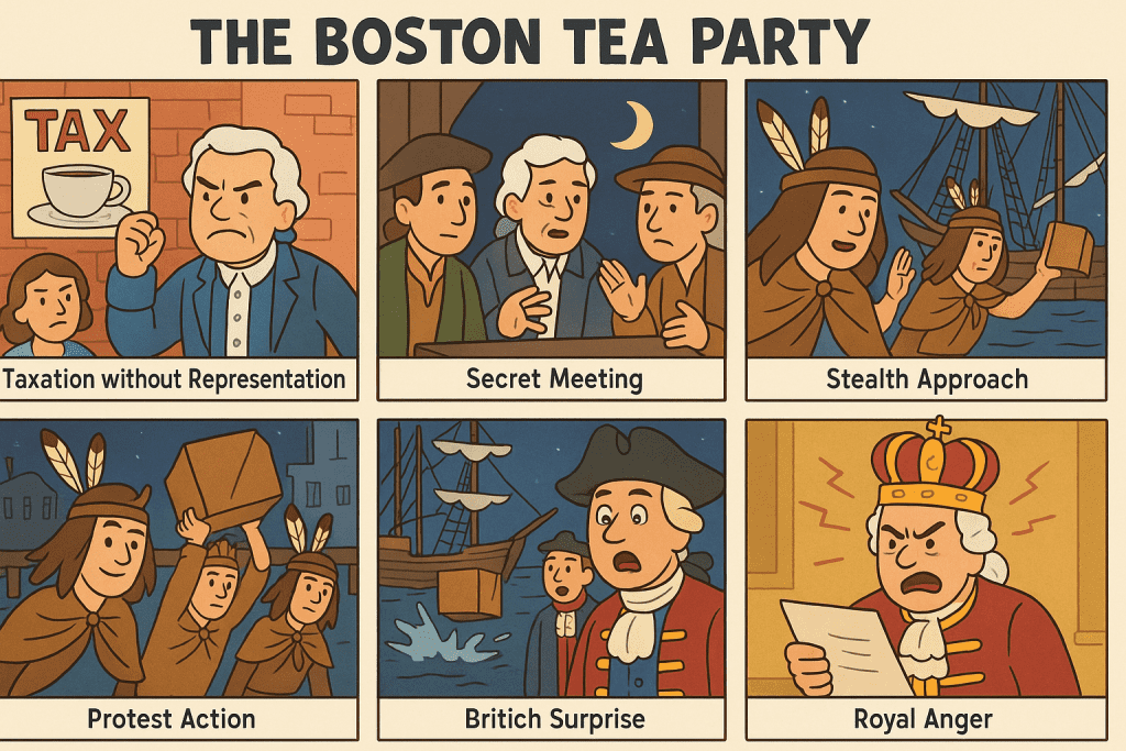 Create a 3×2 educational comic clearly explaining 'The Boston Tea Party' for middle school students