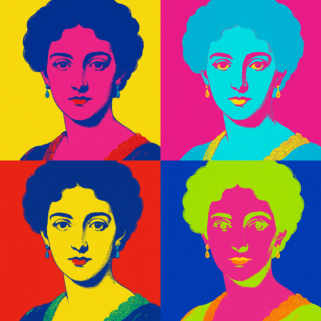 Create a Warhol-inspired pop art collage of the person’s face in multiple color variations