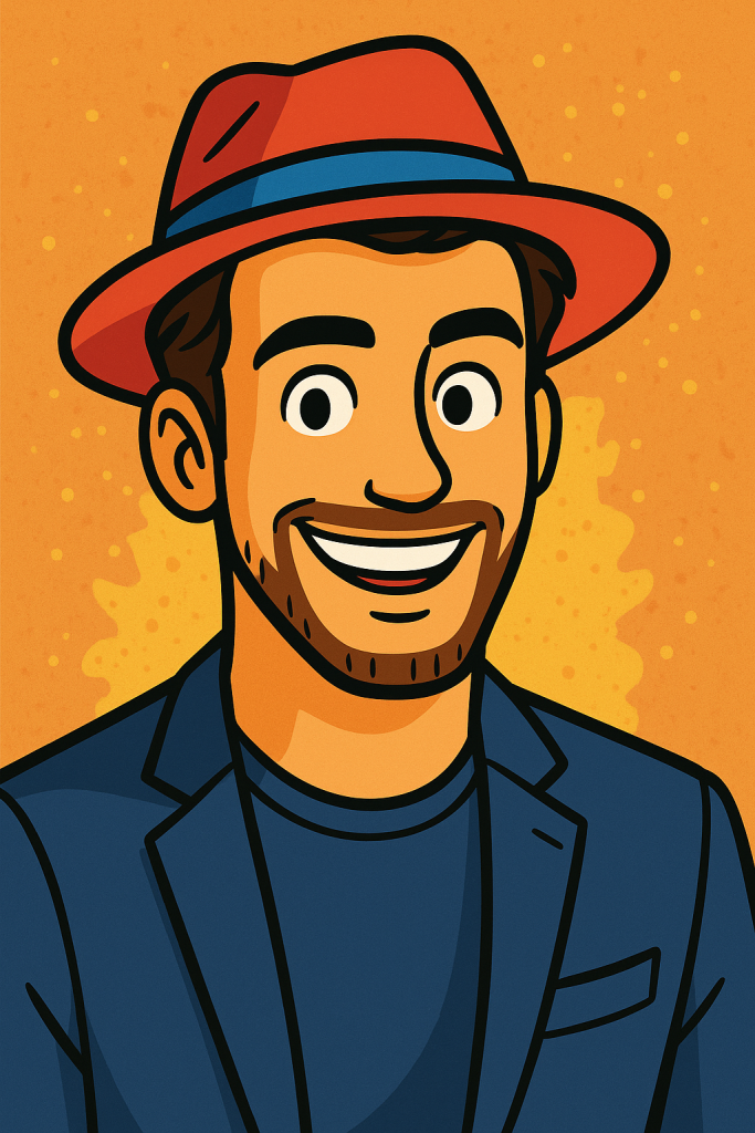 Create a cartoon-style drawing of a smiling person with a hat, bright colors and bold outlines