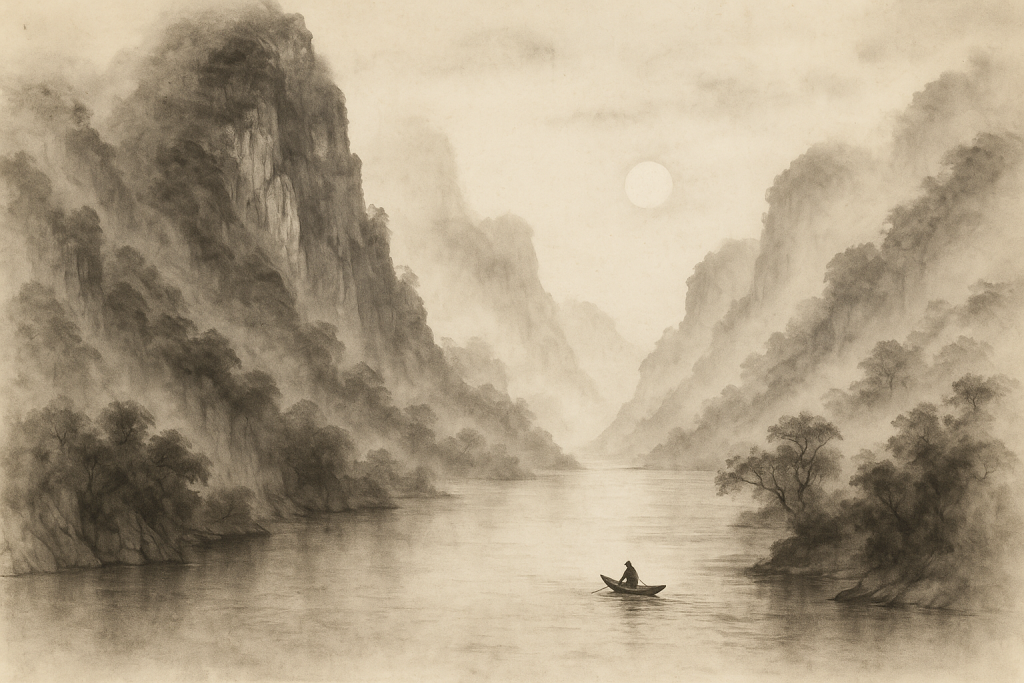 Create a classical guohua landscape of a mountain and river, with misty ink wash