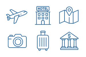 Create a cohesive set of 6 flat icons for a travel app airplane, hotel, map, camera, luggage, bank. All icons in the same blue outline style