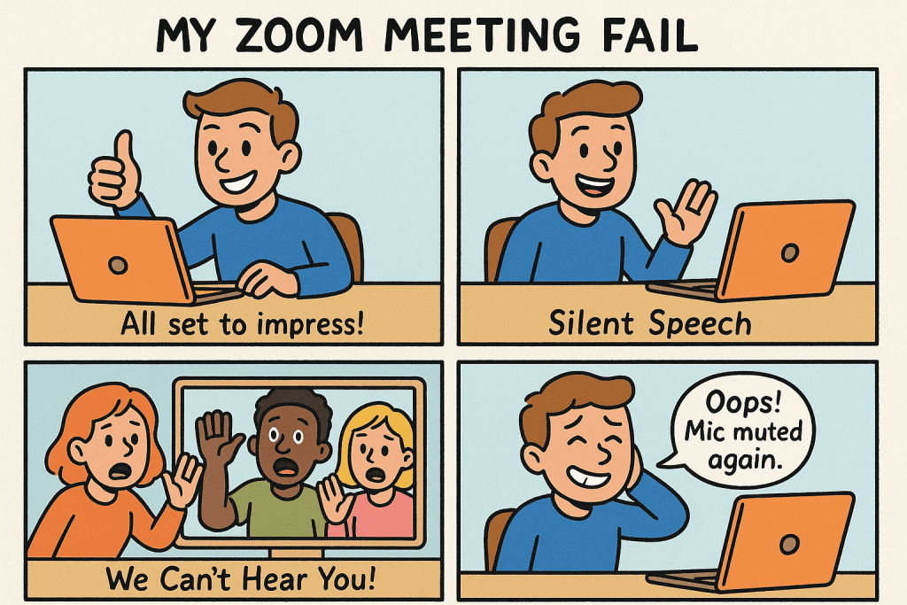 Create a funny 2×2 comic strip titled 'MY ZOOM MEETING FAIL'