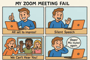 Create a funny 2×2 comic strip titled 'MY ZOOM MEETING FAIL'