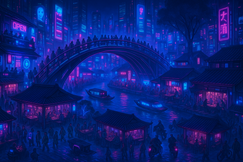 Create a night cityscape with a cyberpunk aesthetic (blue and pink neon, high-tech elements)