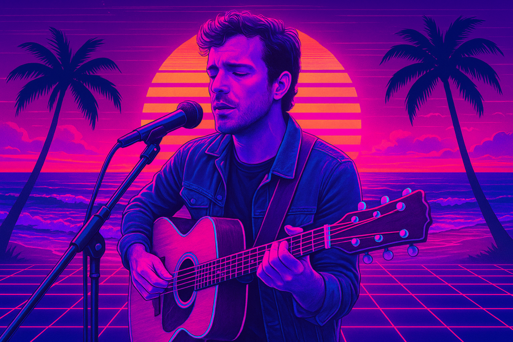 Create an 80s-inspired vaporwave poster of the beach at sunset, with grid lines and neon colors