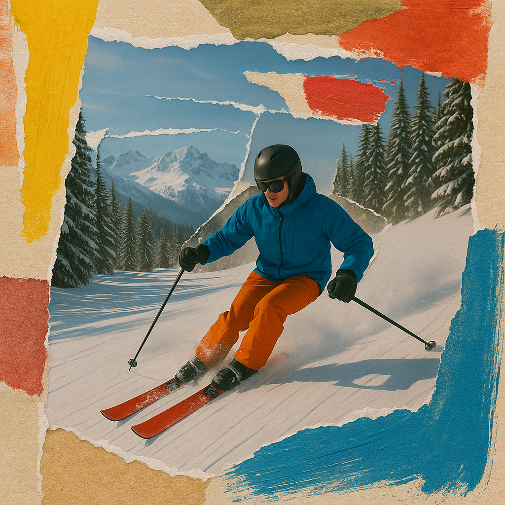 Create an eclectic collage from various photo elements, with torn paper and paint strokes