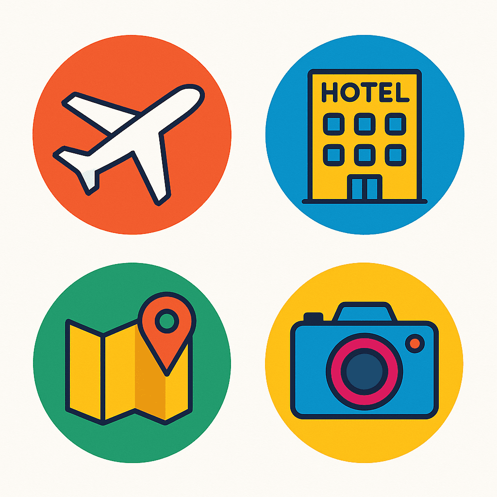 Generate 4 colorful round icons for a travel guide airplane, hotel, map, camera. Flat design with bold colors on white backgrounds